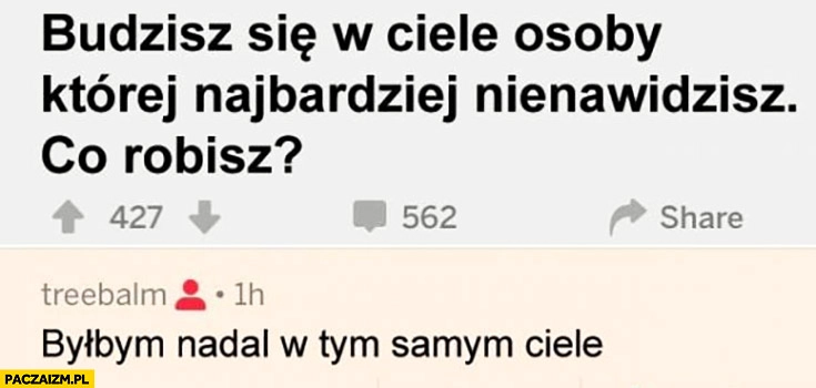 
    Budzisz się w ciele osoby której najbardziej nienawidzisz, co robisz? Byłbym nadal w tym samym ciele