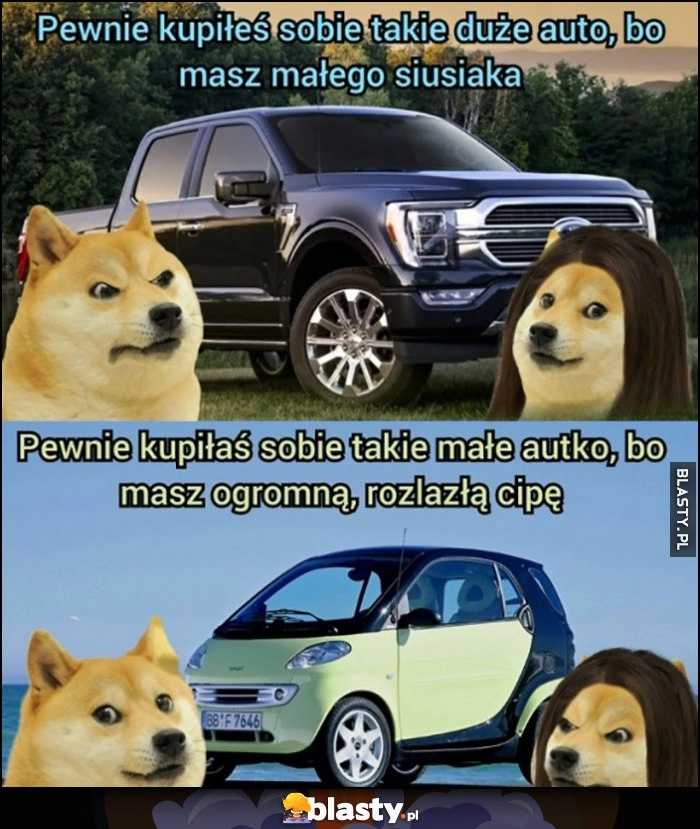 
    Pewnie kupiłeś sobie takie duże auto bo masz małego, pewnie kupiłaś sobie takie małe auto bo masz ogromną rozlazłą cpe