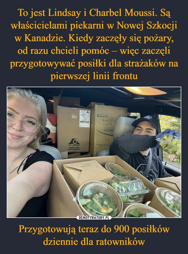 
    To jest Lindsay i Charbel Moussi. Są właścicielami piekarni w Nowej Szkocji w Kanadzie. Kiedy zaczęły się pożary, od razu chcieli pomóc – więc zaczęli przygotowywać posiłki dla strażaków na pierwszej linii frontu Przygotowują teraz do 900 posiłków dziennie dla ratowników