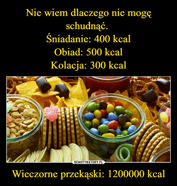 
    Nie wiem dlaczego nie mogę schudnąć. 
Śniadanie: 400 kcal
Obiad: 500 kcal
Kolacja: 300 kcal Wieczorne przekąski: 1200000 kcal