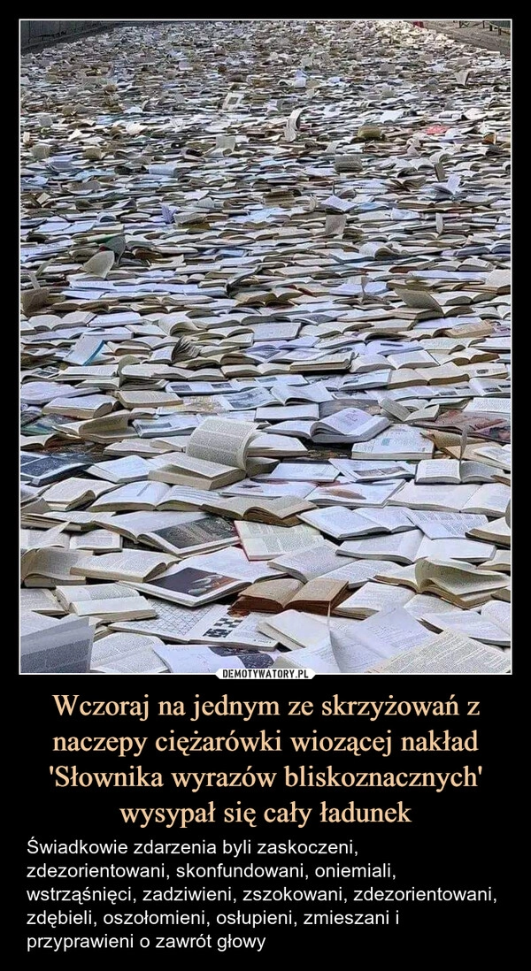 
    Wczoraj na jednym ze skrzyżowań z naczepy ciężarówki wiozącej nakład 'Słownika wyrazów bliskoznacznych' wysypał się cały ładunek