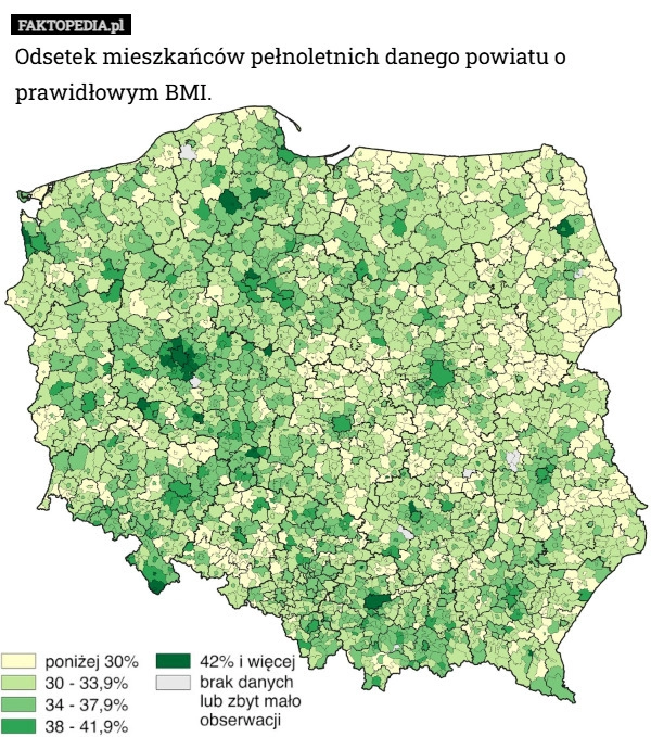 
    Odsetek mieszkańców pełnoletnich danego powiatu o prawidłowym BMI.