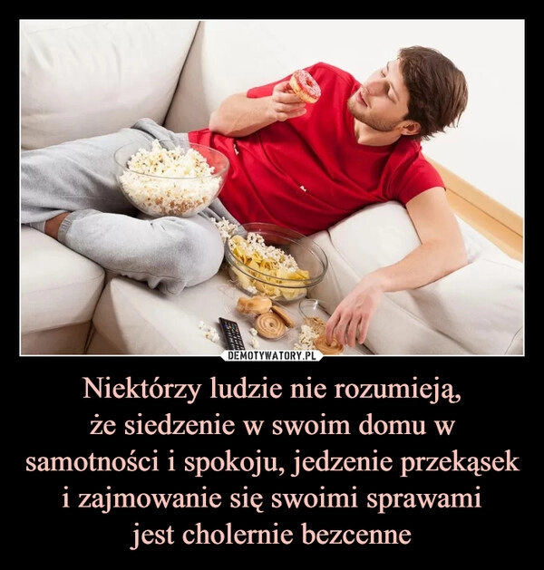 
    Niektórzy ludzie nie rozumieją,
że siedzenie w swoim domu w samotności i spokoju, jedzenie przekąsek i zajmowanie się swoimi sprawami
jest cholernie bezcenne