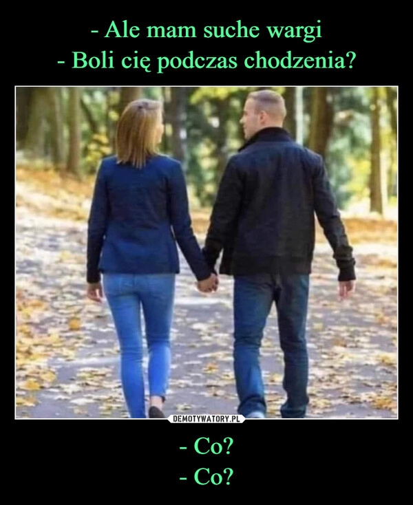 
    
- Ale mam suche wargi
- Boli cię podczas chodzenia? - Co?
- Co? 