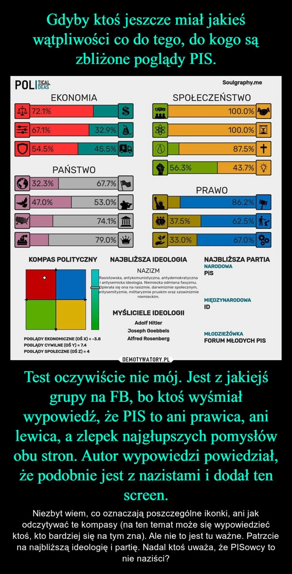 
    Gdyby ktoś jeszcze miał jakieś wątpliwości co do tego, do kogo są zbliżone poglądy PIS. Test oczywiście nie mój. Jest z jakiejś grupy na FB, bo ktoś wyśmiał wypowiedź, że PIS to ani prawica, ani lewica, a zlepek najgłupszych pomysłów obu stron. Autor wypowiedzi powiedział, że podobnie jest z nazistami i dodał ten screen.