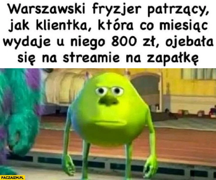 
    Warszawski fryzjer patrzący jak klientka która co miesiąc wydaje u niego 800 zł obcięła się na streamie na zapałkę
