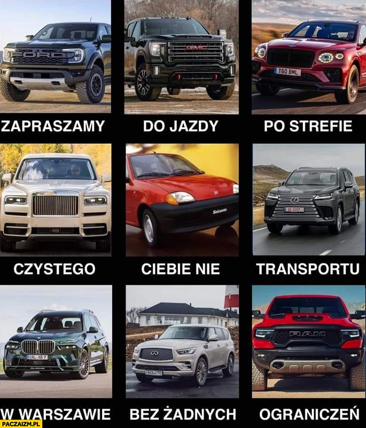 
    Zapraszamy do jazdy po strefie czystego transportu w Warszawie bez żadnych ograniczeń Seicento ciebie nie SUVy pickupy