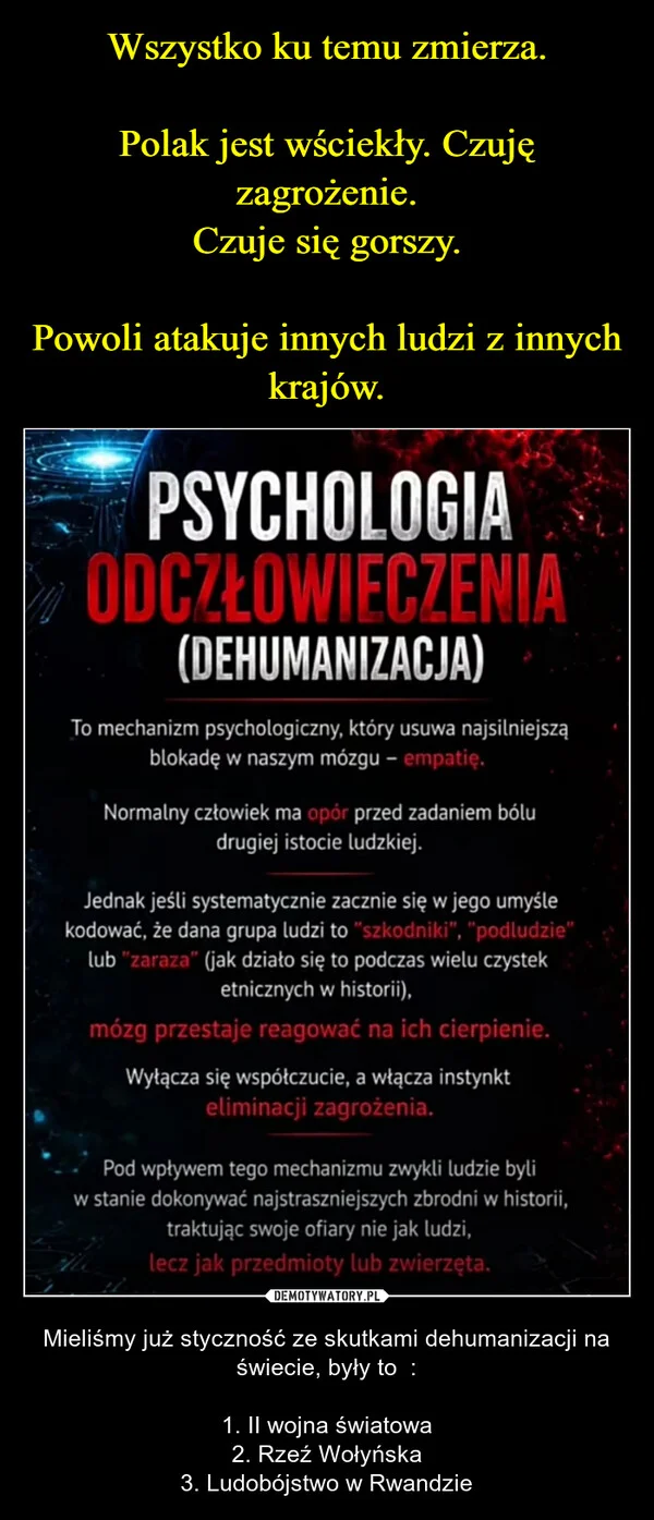 Wszystko ku temu zmierza. Polak jest wściekły. Czuję zagrożenie. Czuje się gorszy. Powoli atakuje innych ludzi z innych krajów.