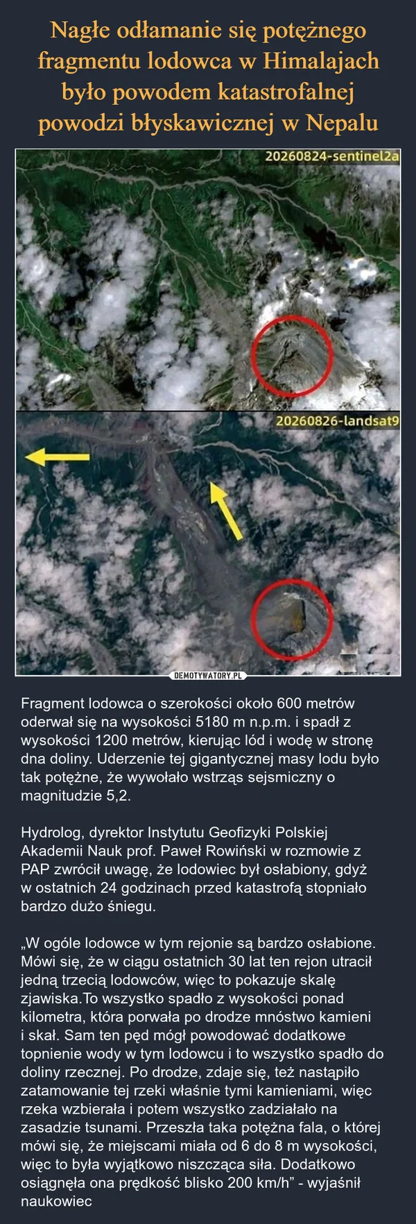 
    Nagłe odłamanie się potężnego fragmentu lodowca w Himalajach było powodem katastrofalnej powodzi błyskawicznej w Nepalu