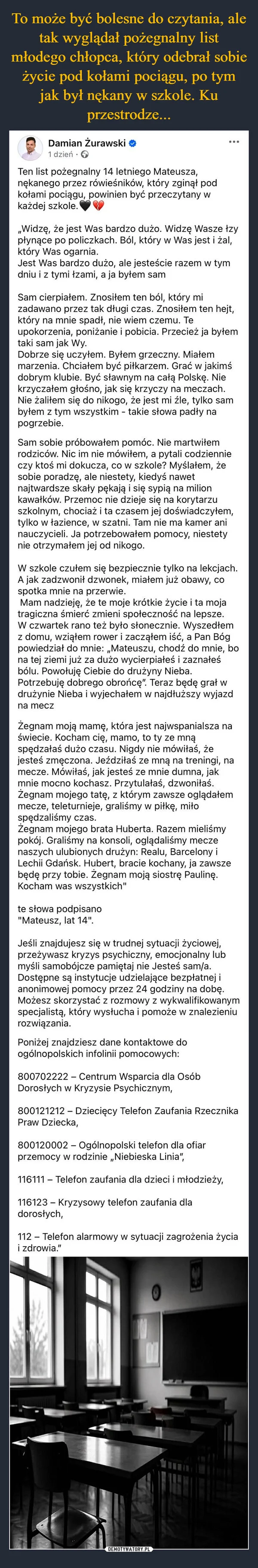 
    To może być bolesne do czytania, ale tak wyglądał pożegnalny list młodego chłopca, który odebrał sobie życie pod kołami pociągu, po tym jak był nękany w szkole. Ku przestrodze...