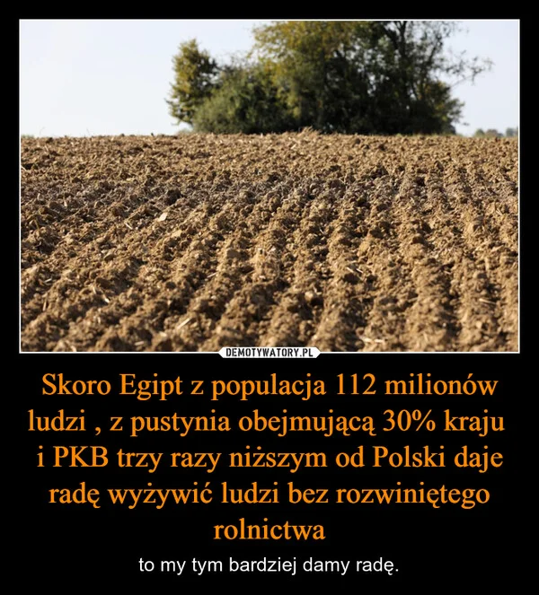 
    Skoro Egipt z populacja 112 milionów ludzi , z pustynia obejmującą 30% kraju i PKB trzy razy niższym od Polski daje radę wyżywić ludzi bez rozwiniętego rolnictwa