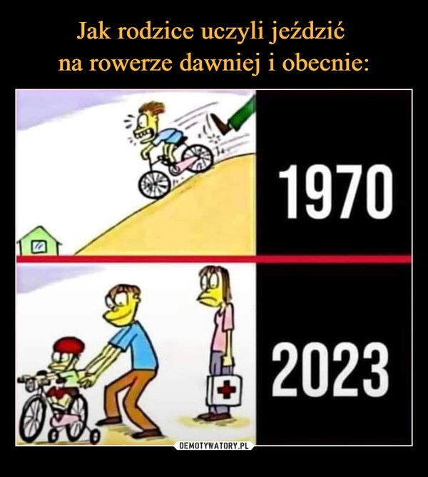 
    Jak rodzice uczyli jeździć 
na rowerze dawniej i obecnie: