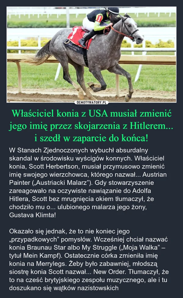 Właściciel konia z USA musiał zmienić jego imię przez skojarzenia z Hitlerem... i szedł w zaparcie do końca!