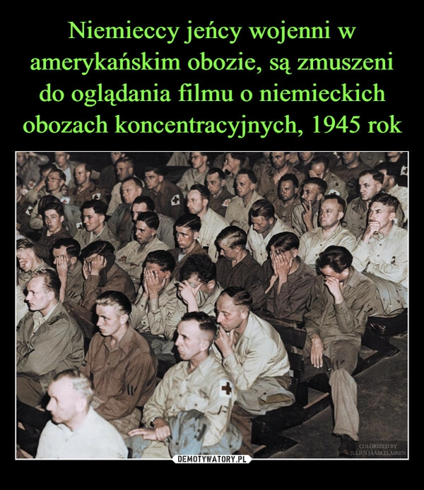 
    Niemieccy jeńcy wojenni w amerykańskim obozie, są zmuszeni do oglądania filmu o niemieckich obozach koncentracyjnych, 1945 rok 