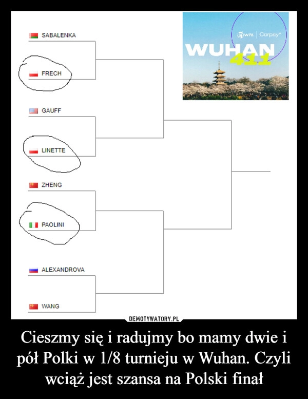 
    Cieszmy się i radujmy bo mamy dwie i pół Polki w 1/8 turnieju w Wuhan. Czyli wciąż jest szansa na Polski finał