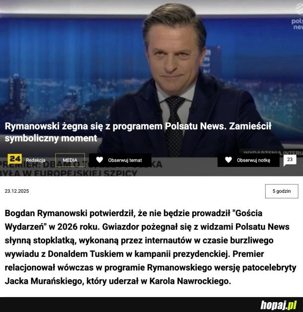 
    Rymanowski żegna się z programem Polsatu