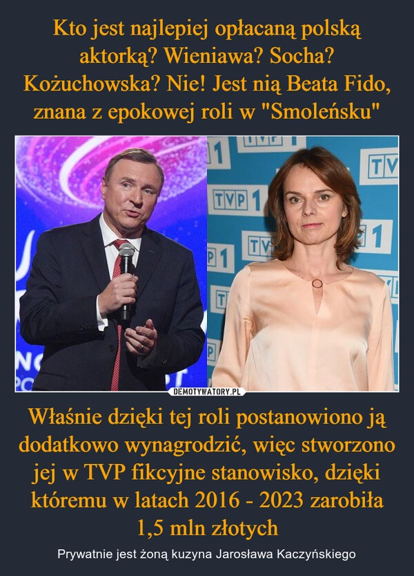 
    Kto jest najlepiej opłacaną polską aktorką? Wieniawa? Socha? Kożuchowska? Nie! Jest nią Beata Fido, znana z epokowej roli w "Smoleńsku" Właśnie dzięki tej roli postanowiono ją dodatkowo wynagrodzić, więc stworzono jej w TVP fikcyjne stanowisko, dzięki któremu w latach 2016 - 2023 zarobiła 1,5 mln złotych