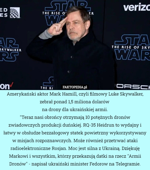 
    Amerykański aktor Mark Hamill, czyli filmowy Luke Skywalker, zebrał ponad