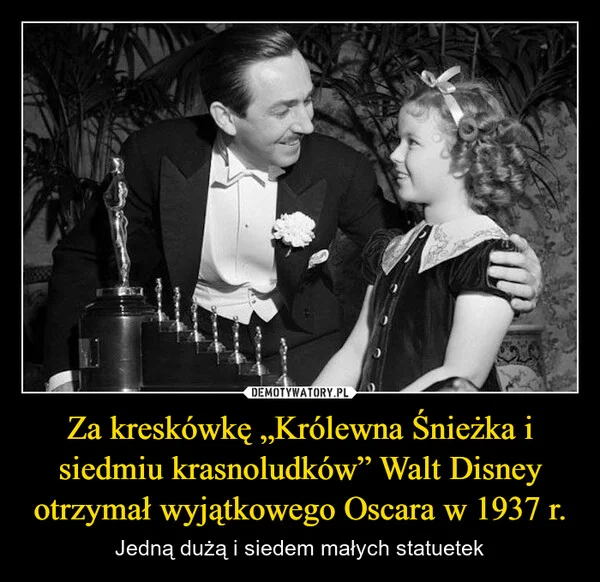 
    Za kreskówkę „Królewna Śnieżka i siedmiu krasnoludków” Walt Disney otrzymał wyjątkowego Oscara w 1937 r.
