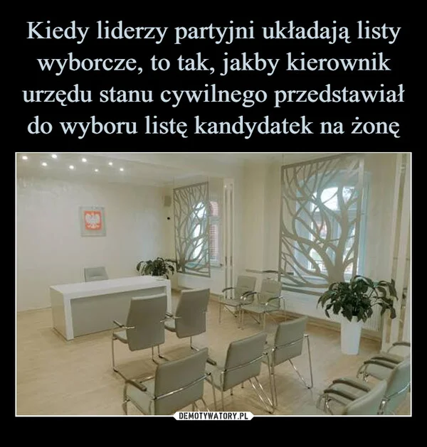 Kiedy liderzy partyjni układają listy wyborcze, to tak, jakby kierownik urzędu stanu cywilnego przedstawiał do wyboru listę kandydatek na żonę