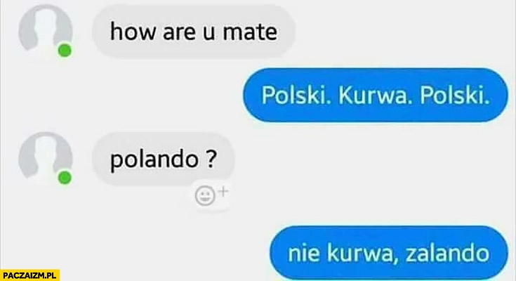How are u mate? Polski kurna polski. Polando? Nie kurna zalando rozmowa na messengerze