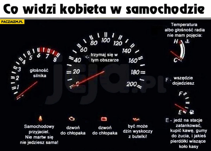 
    Co kobieta widzi w samochodzie liczniki