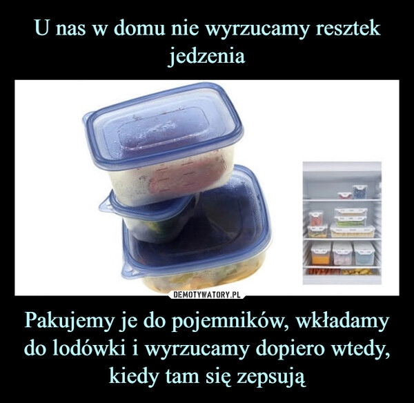 
    U nas w domu nie wyrzucamy resztek jedzenia Pakujemy je do pojemników, wkładamy do lodówki i wyrzucamy dopiero wtedy, kiedy tam się zepsują