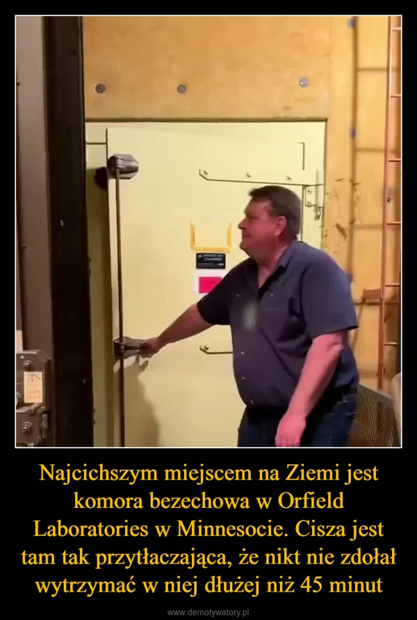 
    Najcichszym miejscem na Ziemi jest komora bezechowa w Orfield Laboratories w Minnesocie. Cisza jest tam tak przytłaczająca, że nikt nie zdołał wytrzymać w niej dłużej niż 45 minut