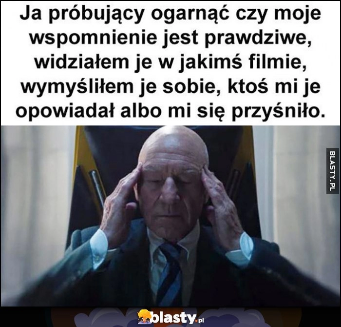 
    Ja próbujący ogarnąć czy moje wspomnienie jest prawdziwe, widziałem je w jakimś filmie, wymyśliłem je sobie, ktoś mi je opowiadał albo mi się przyśniło