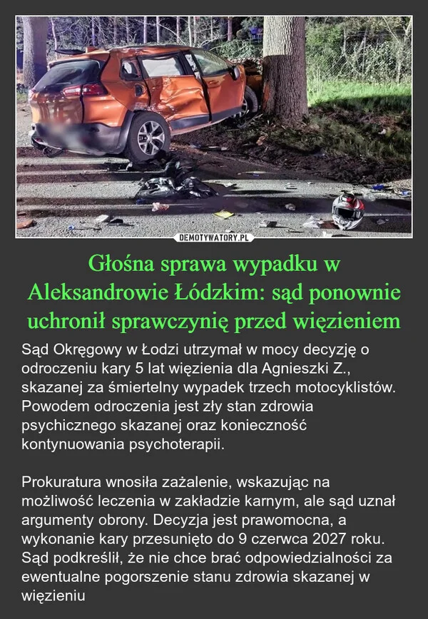 Głośna sprawa wypadku w Aleksandrowie Łódzkim: sąd ponownie uchronił sprawczynię przed więzieniem