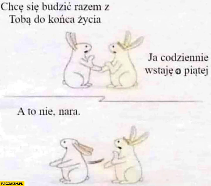 
    Chcę się budzić razem z Tobą do końca życia, ja codziennie wstaję o piątej, a to nie nara