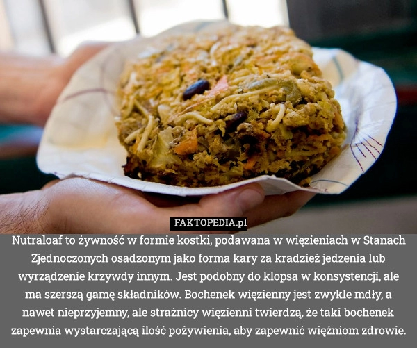 
    Nutraloaf to żywność w formie kostki, podawana w więzieniach w Stanach Zjednoczonych