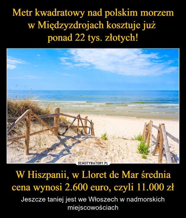 
    Metr kwadratowy nad polskim morzem w Międzyzdrojach kosztuje już 
ponad 22 tys. złotych! W Hiszpanii, w Lloret de Mar średnia cena wynosi 2.600 euro, czyli 11.000 zł