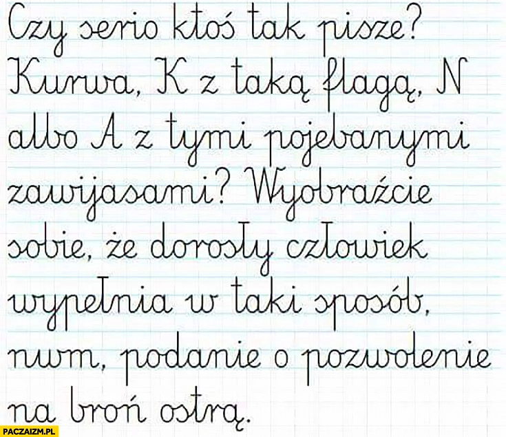 
    Czy serio ktoś tak pisze odręcznie k z flagą, a z zawijasami wyobraźcie sobie jak dorosły człowiek wypełnia w taki sposób pozwolenie na broń ostrą