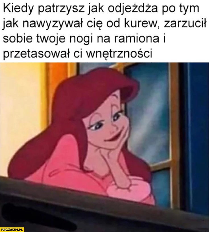 
    Kiedy patrzysz jak odjeżdża po tym jak nawyzywał Cie zarzucił sobie Twoje nogi na ramiona i przetasował Ci wnętrzności rozmarzona laska