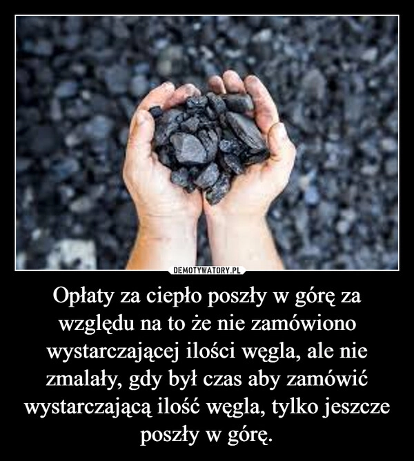 
    Opłaty za ciepło poszły w górę za względu na to że nie zamówiono wystarczającej ilości węgla, ale nie zmalały, gdy był czas aby zamówić wystarczającą ilość węgla, tylko jeszcze poszły w górę.