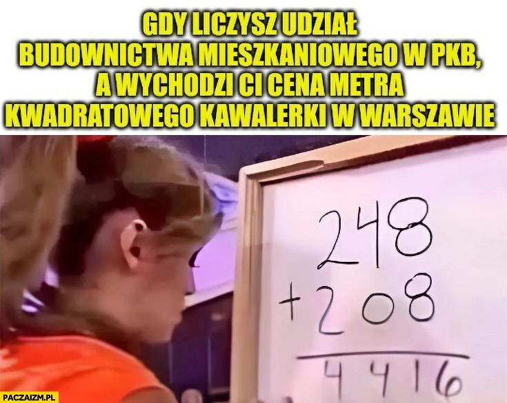 
    Gdy liczysz udział budownictwa mieszkaniowego w PKB a wychodzi ci cena metra kwadratowego kawalerki w Warszawie