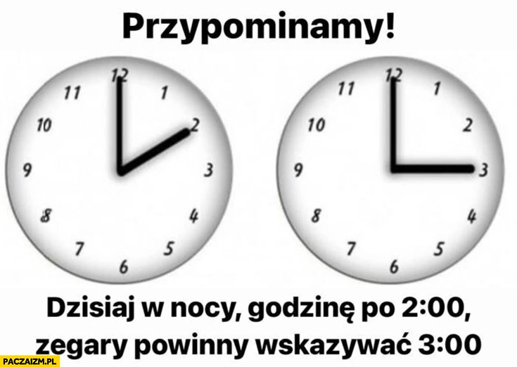 
    Przypominamy dzisiaj w nocy godzinę po 2 zegary powinny wskazywać 3