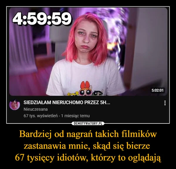 
    Bardziej od nagrań takich filmików zastanawia mnie, skąd się bierze 67 tysięcy idiotów, którzy to oglądają