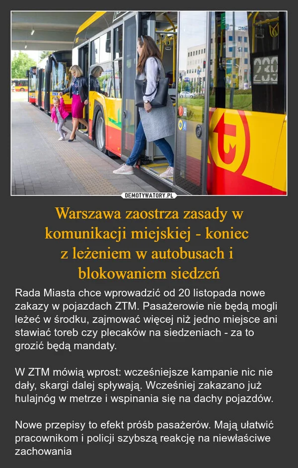 
    Warszawa zaostrza zasady w komunikacji miejskiej - koniec z leżeniem w autobusach i blokowaniem siedzeń