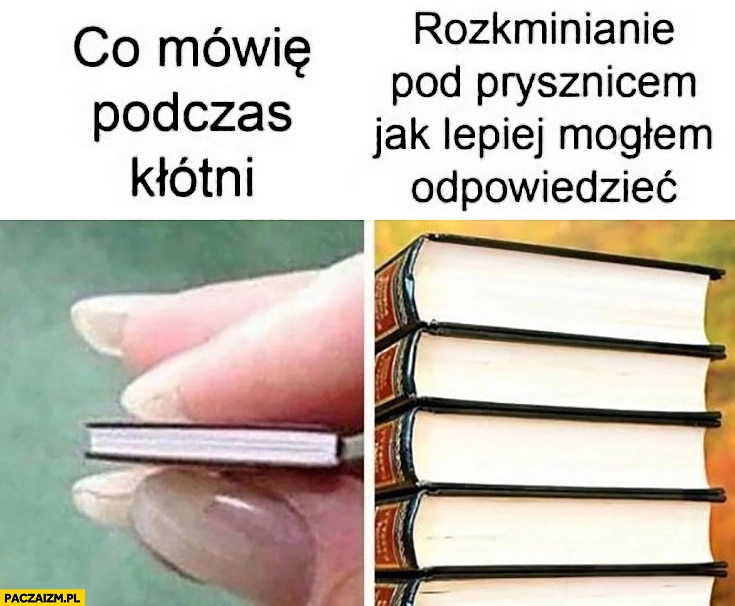 
    Co mówię podczas kłótni vs rozkminianie pod prysznicem jak lepiej moglem odpowiedzieć