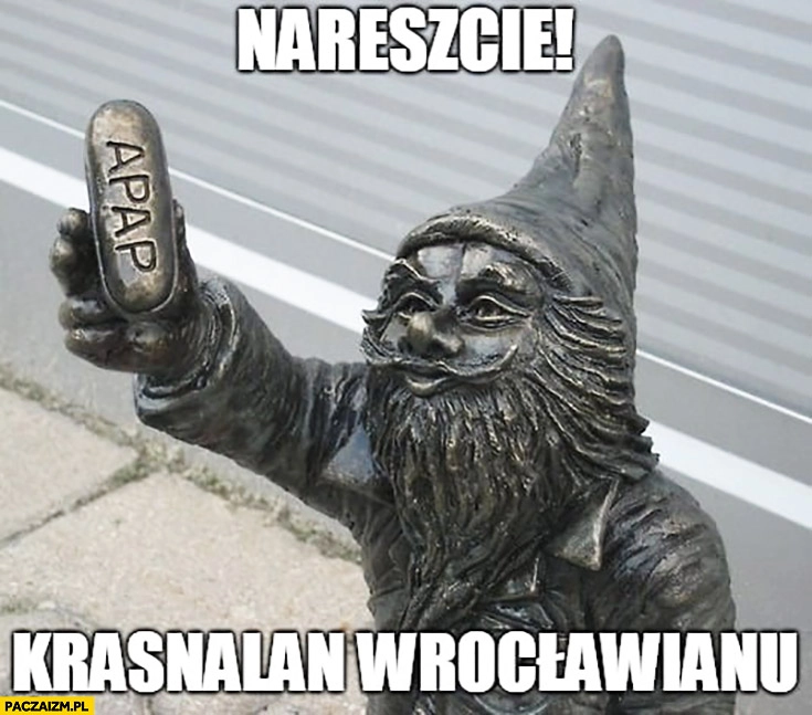 
    Nareszcie krasnalan Wrocławianu figurka krasnala z tabletka w ręce