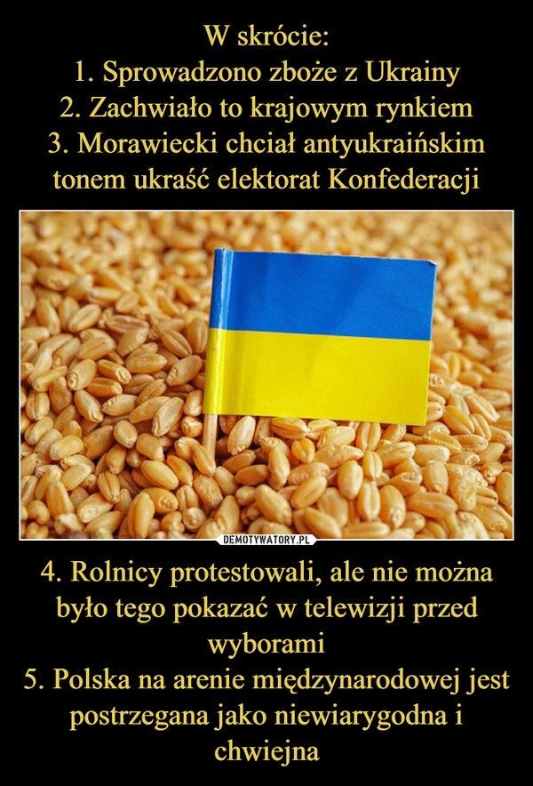 
    W skrócie:
1. Sprowadzono zboże z Ukrainy
2. Zachwiało to krajowym rynkiem
3. Morawiecki chciał antyukraińskim tonem ukraść elektorat Konfederacji 4. Rolnicy protestowali, ale nie można było tego pokazać w telewizji przed wyborami
5. Polska na arenie międzynarodowej jest postrzegana jako niewiarygodna i chwiejna