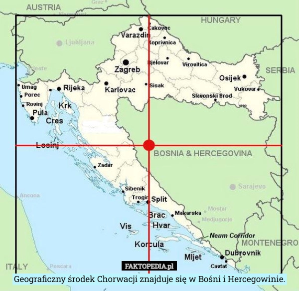 
    Geograficzny środek Chorwacji znajduje się w Bośni i Hercegowinie.