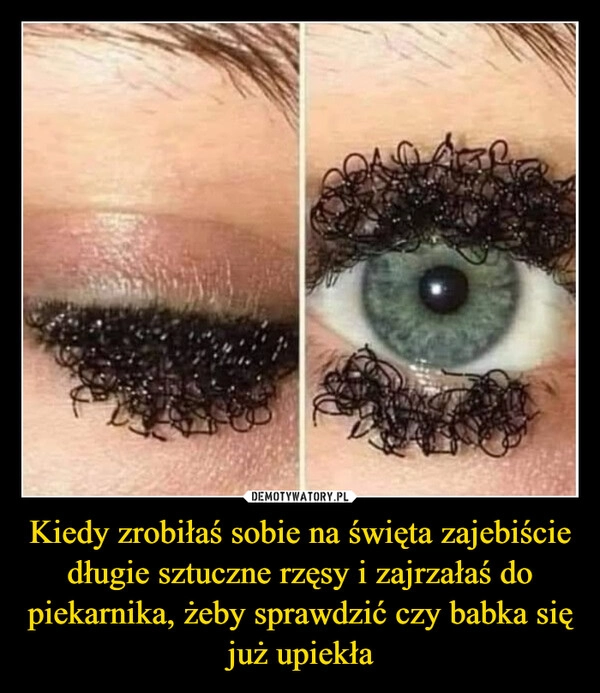 
    Kiedy zrobiłaś sobie na święta zajebiście długie sztuczne rzęsy i zajrzałaś do piekarnika, żeby sprawdzić czy babka się już upiekła