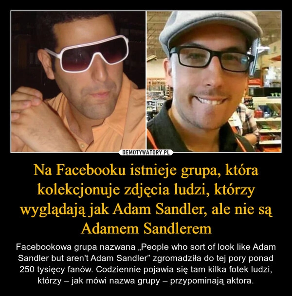 
    Na Facebooku istnieje grupa, która kolekcjonuje zdjęcia ludzi, którzy wyglądają jak Adam Sandler, ale nie są Adamem Sandlerem