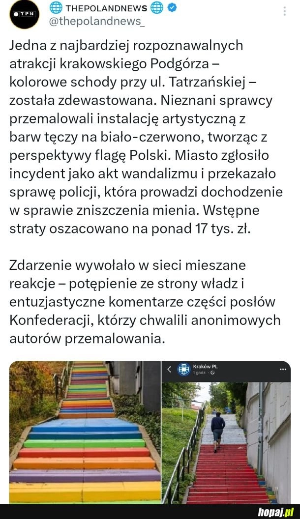 
    Ktoś przemalował schody na biało-czerwony kolor