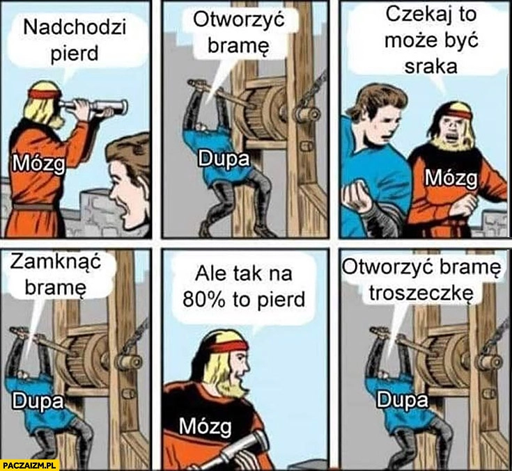 
    Mózg nadchodzi pierd otworzyć bramę, czekaj do może być sraka, zamknąć bramę, ale na 80% procent pierd, otworzyć bramę troszeczkę
