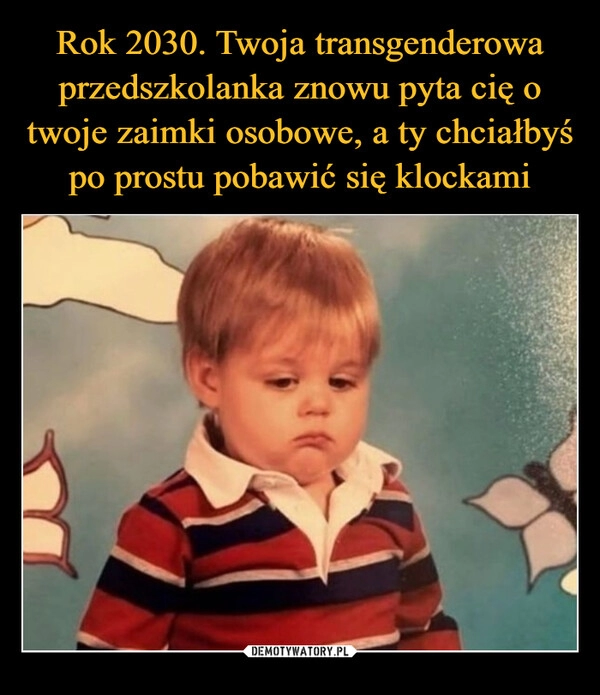 
    Rok 2030. Twoja transgenderowa przedszkolanka znowu pyta cię o twoje zaimki osobowe, a ty chciałbyś po prostu pobawić się klockami