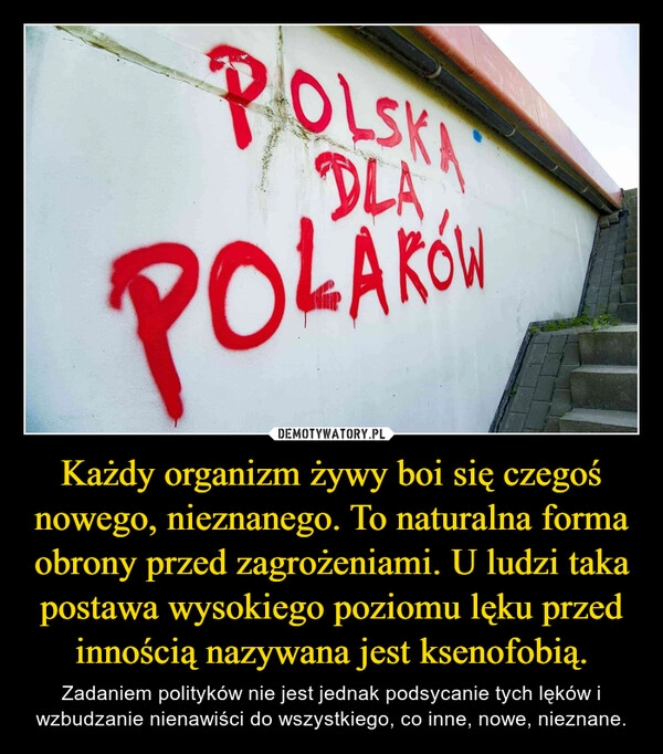 
    Każdy organizm żywy boi się czegoś nowego, nieznanego. To naturalna forma obrony przed zagrożeniami. U ludzi taka postawa wysokiego poziomu lęku przed innością nazywana jest ksenofobią.